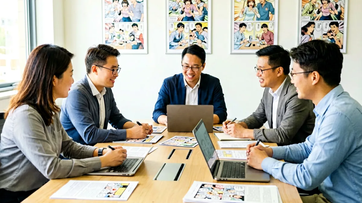 jmcomic编辑团队在办公空间中讨论漫画内容选题，几位编辑围坐在会议桌前查看资料，背景墙上挂着漫画海报，场景明亮整洁