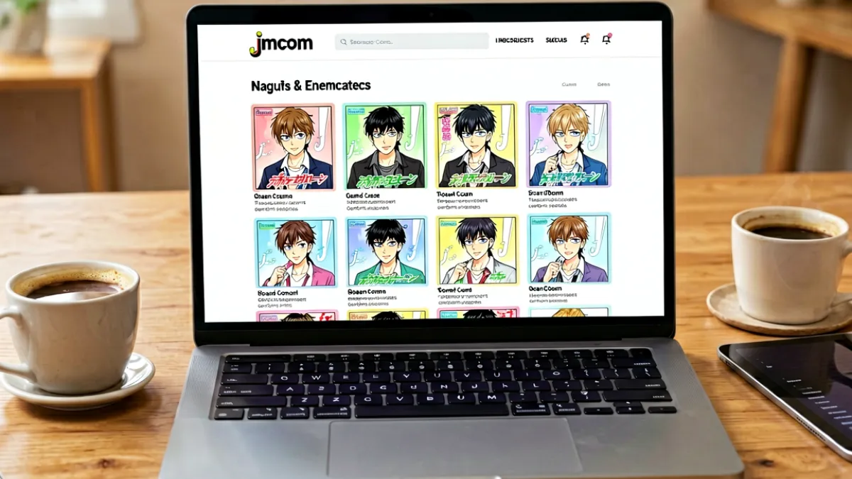 jmcomic网站页面截图展示在电脑屏幕上，页面呈现整洁的漫画推荐列表与分类导航，旁边放着一杯咖啡和一台平板电脑