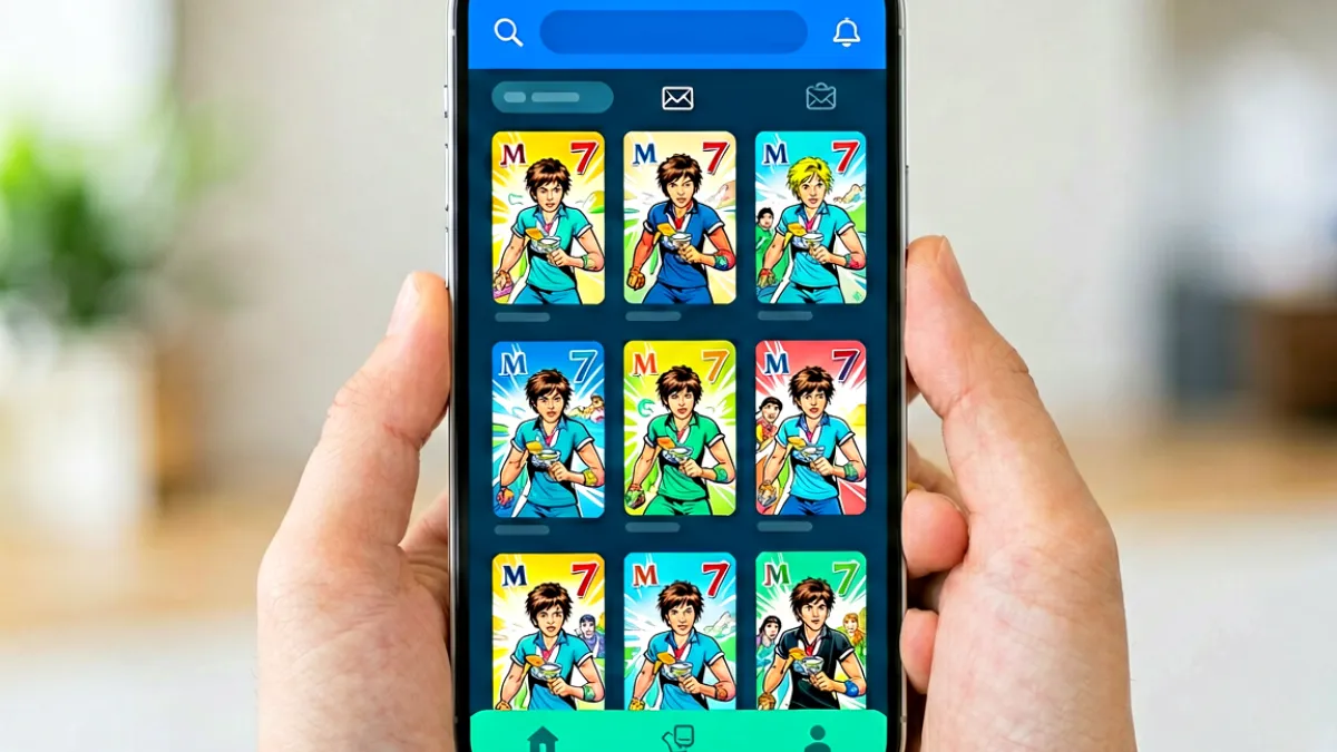 手机屏幕上展示着JMComic应用主界面，首页顶部有醒目的搜索栏，下方排列着热门漫画封面卡片，整体界面采用深色航海蓝配青色点缀的设计风格，视觉清晰且阅读友好