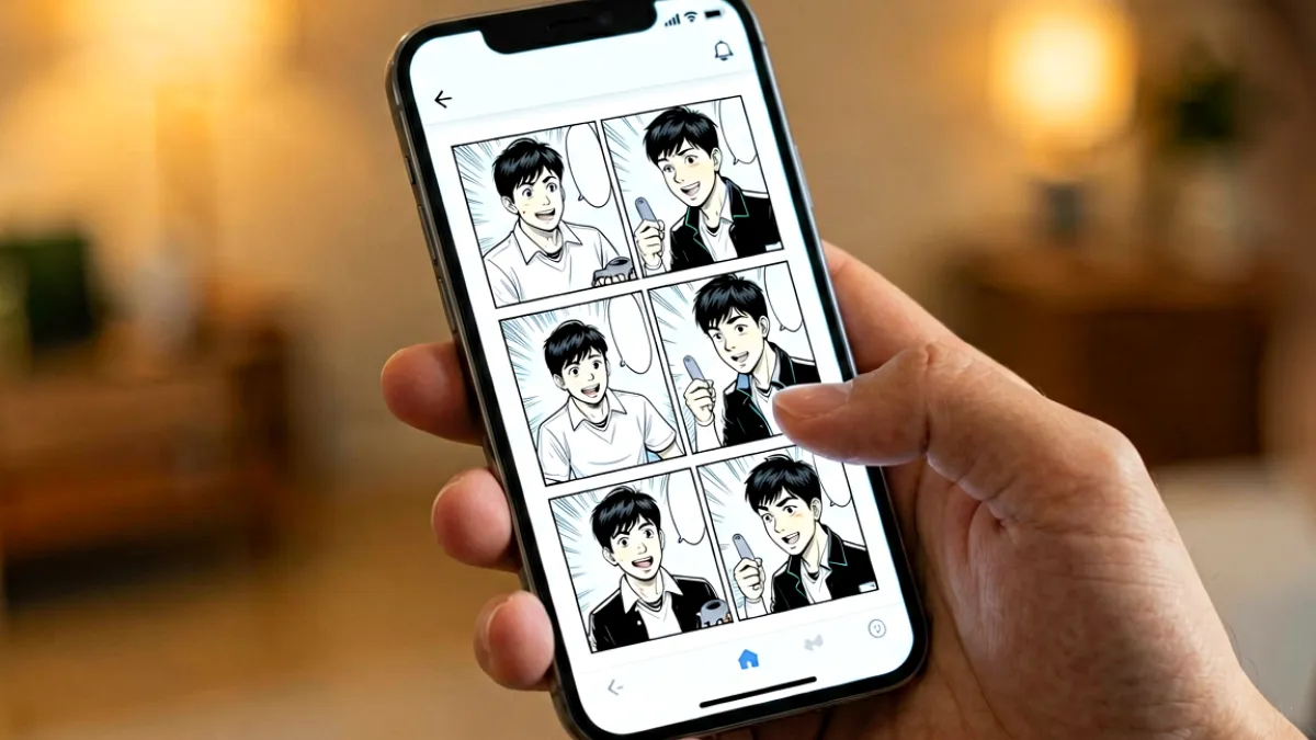 jmcomic平台移动端浏览场景，屏幕中展示一本漫画的多格分镜页面，界面简洁无广告，读者单手拇指正在滑动翻页，背景是暖色的室内灯光，体现随时随地轻松阅读的氛围