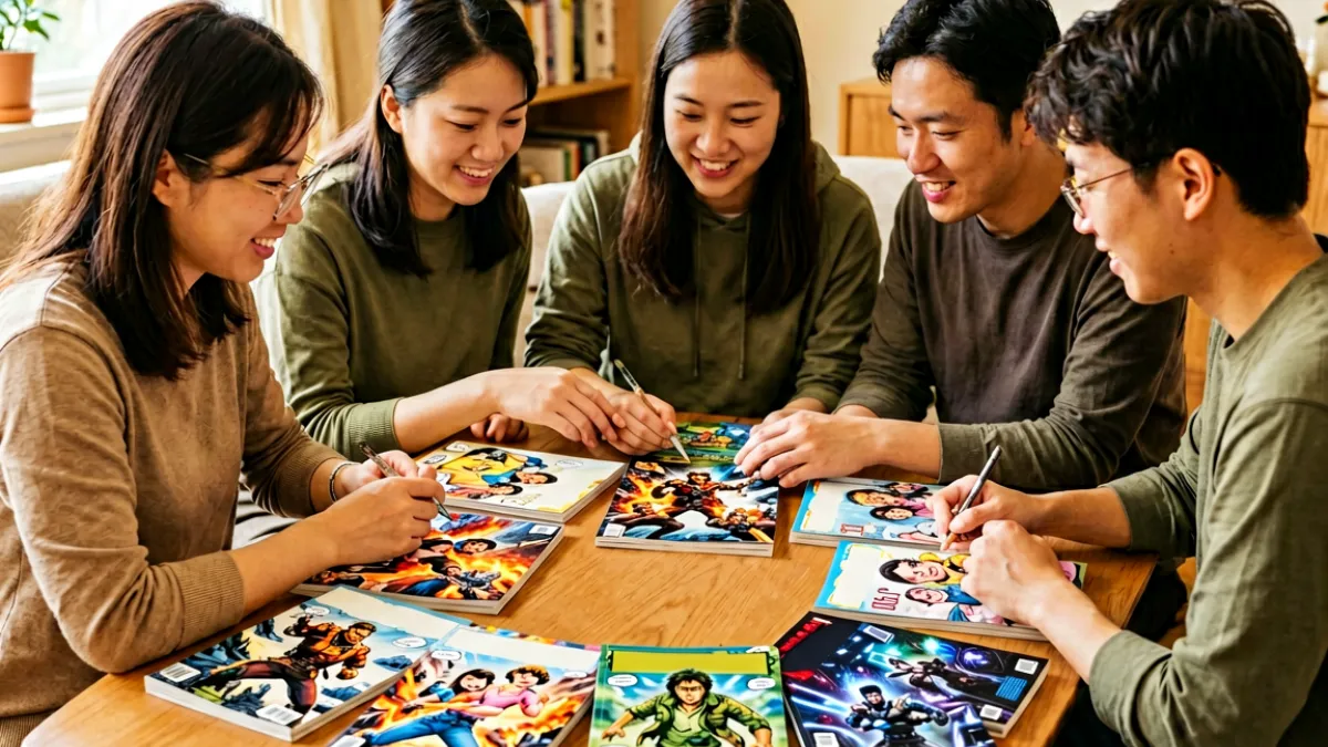多位读者围坐在书桌前浏览不同风格漫画，画面中可见热血少年、少女恋爱和科幻题材的代表性封面整齐排列，体现jmcomic平台丰富的作品选择
