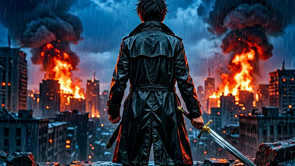 《血刃迷途》漫画封面特写：雨中持剑的少年背影，远处是燃烧的城市剪影，整体色调偏冷暗蓝与血色橙红交织