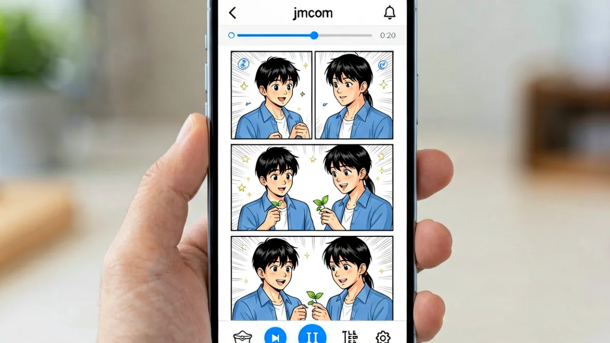 手机屏幕上显示jmcomic应用界面，正在浏览漫画阅读页，顶部有章节导航栏和进度条